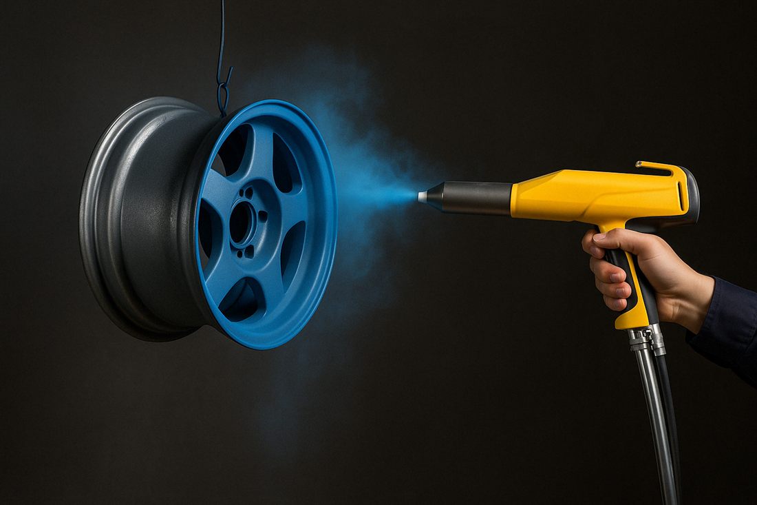 Powder coating a wheel in vibrant blue